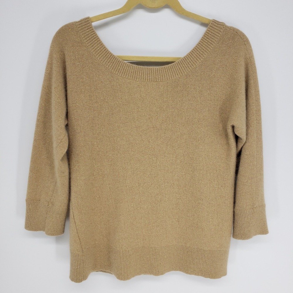 Banana Republic Metallic Shimmer Wool Angora Sweater Women‎ Large Tan Gold Scoop
